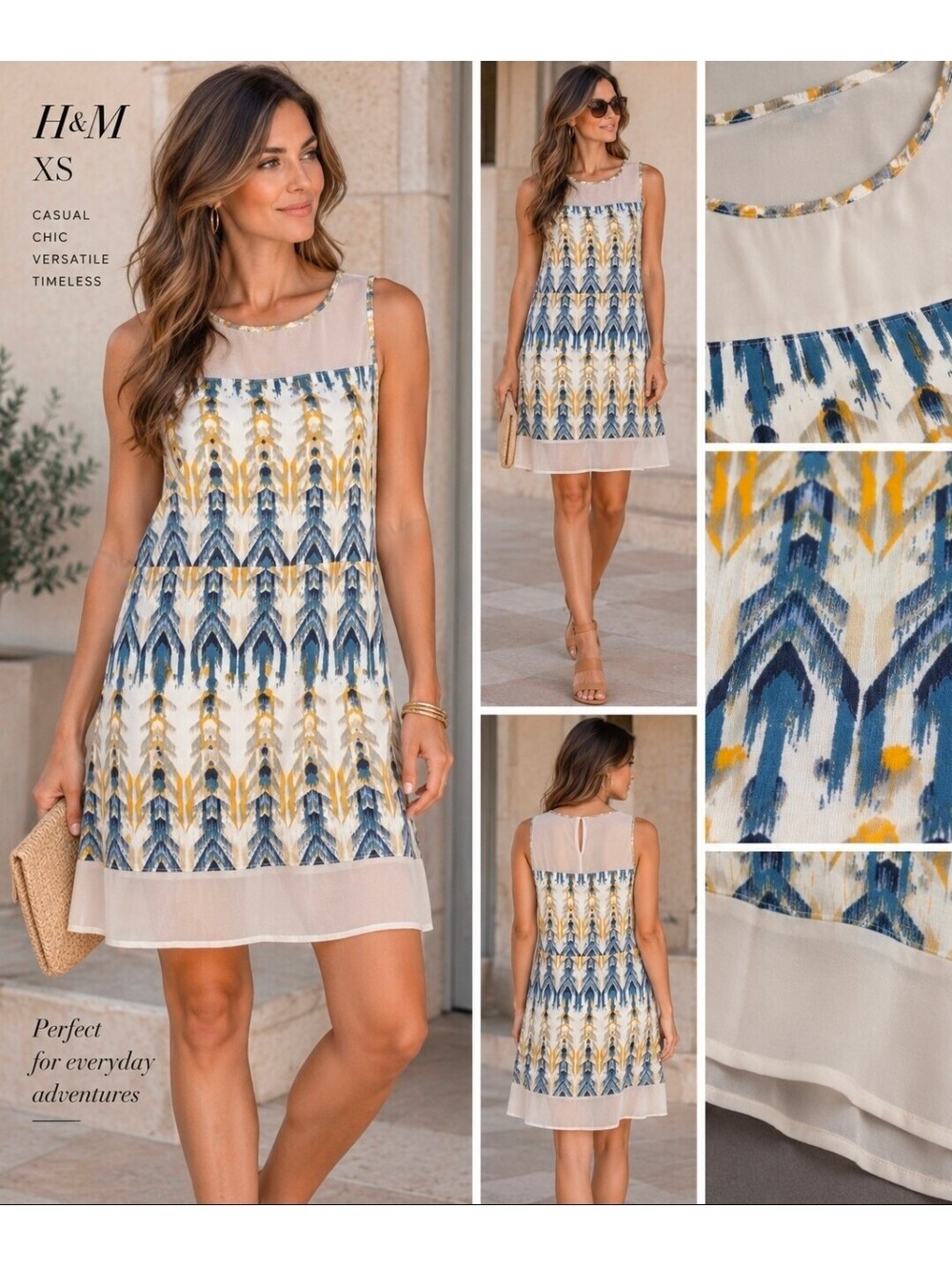 H&M Women’s XS Abstract Ikat Print Sleeveless Shift Dress Blue Yellow Sheer Yoke